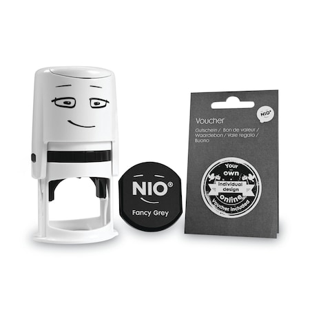Nio Stamp with Voucher and Fancy Gray Ink Pad, Self-Inking, 1.56 Diameter 071509